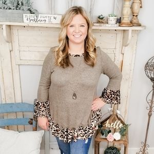 Brushed olive sweater with leopard ruffle details